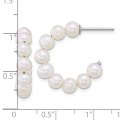 QE18177 Sterling Silver Rhodium-plated 5-6mm Semi-Round White Freshwater Cultured Pearl C-Hoop Post Earrings
