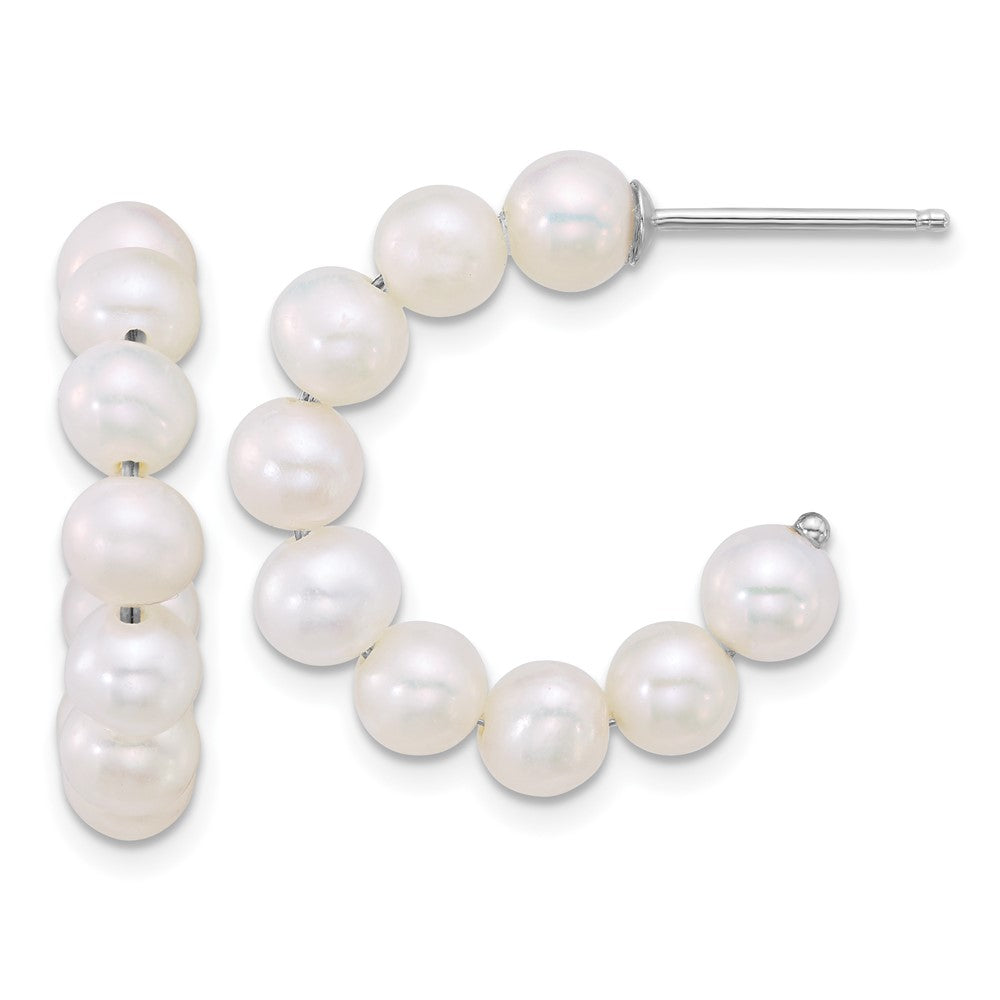QE18177 Sterling Silver Rhodium-plated 5-6mm Semi-Round White Freshwater Cultured Pearl C-Hoop Post Earrings