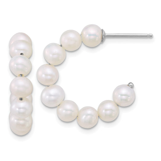 QE18177 Sterling Silver Rhodium-plated 5-6mm Semi-Round White Freshwater Cultured Pearl C-Hoop Post Earrings