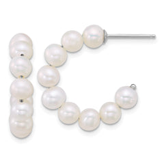 QE18177 Sterling Silver Rhodium-plated 5-6mm Semi-Round White Freshwater Cultured Pearl C-Hoop Post Earrings