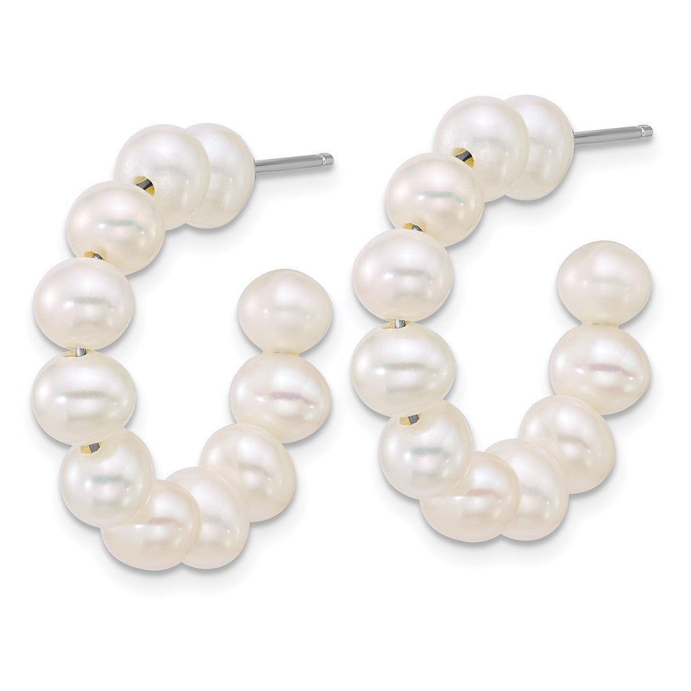 QE18178 Sterling Silver Rhodium-plated 5-6mm Semi-Round White Freshwater Cultured Pearl C-Hoop Post Earrings
