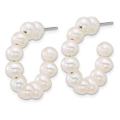 QE18178 Sterling Silver Rhodium-plated 5-6mm Semi-Round White Freshwater Cultured Pearl C-Hoop Post Earrings