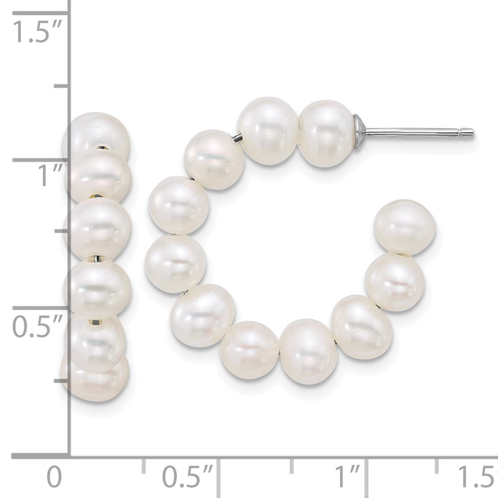 QE18178 Sterling Silver Rhodium-plated 5-6mm Semi-Round White Freshwater Cultured Pearl C-Hoop Post Earrings