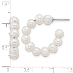 QE18178 Sterling Silver Rhodium-plated 5-6mm Semi-Round White Freshwater Cultured Pearl C-Hoop Post Earrings