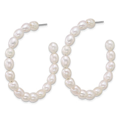 QE18179 Sterling Silver Rhodium-plated 5-6mm Rice White Freshwater Cultured Pearl C-Hoop Post Earrings
