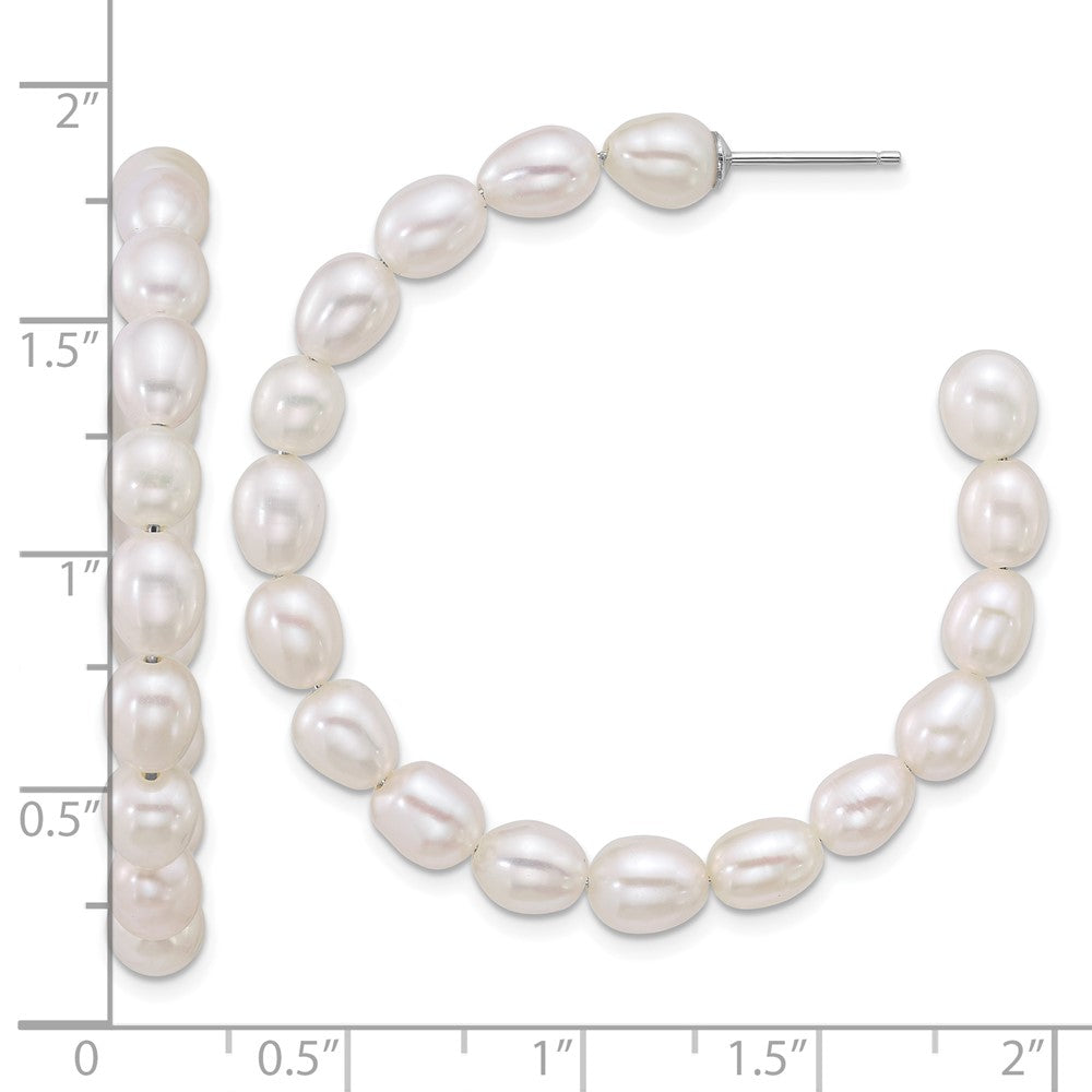 QE18179 Sterling Silver Rhodium-plated 5-6mm Rice White Freshwater Cultured Pearl C-Hoop Post Earrings