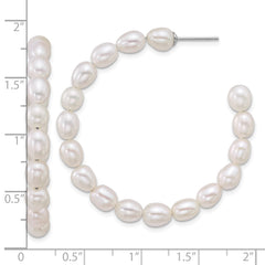 QE18179 Sterling Silver Rhodium-plated 5-6mm Rice White Freshwater Cultured Pearl C-Hoop Post Earrings