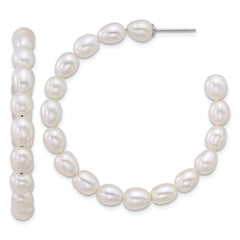 QE18179 Sterling Silver Rhodium-plated 5-6mm Rice White Freshwater Cultured Pearl C-Hoop Post Earrings