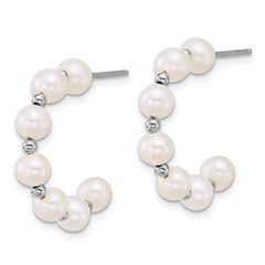 QE18180 Sterling Silver Rhodium-plated 4-5mm Round White Freshwater Cultured Pearl and Bead C-Hoop Post Earrings