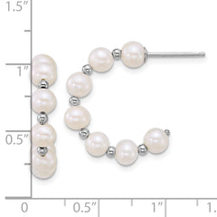 QE18180 Sterling Silver Rhodium-plated 4-5mm Round White Freshwater Cultured Pearl and Bead C-Hoop Post Earrings