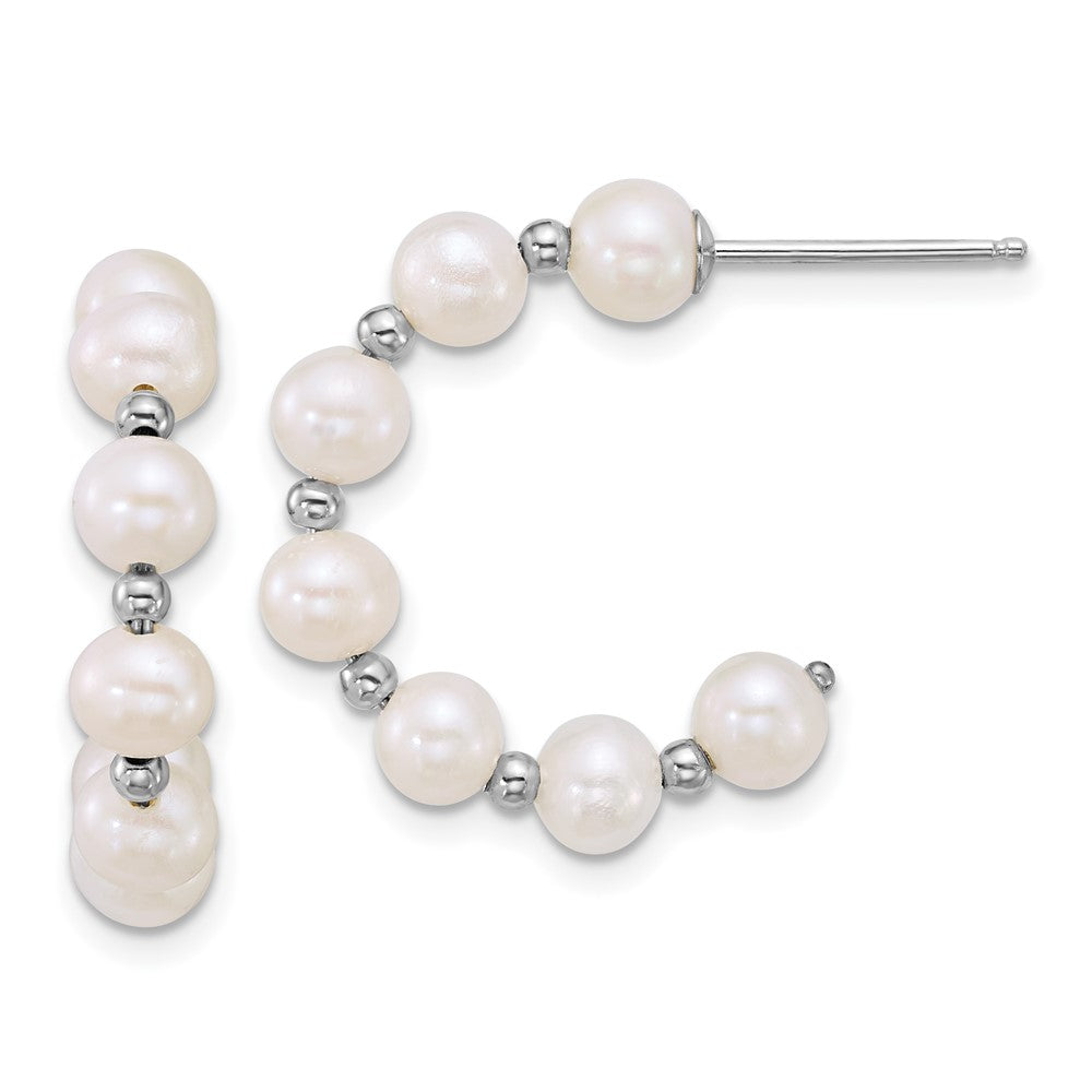 QE18180 Sterling Silver Rhodium-plated 4-5mm Round White Freshwater Cultured Pearl and Bead C-Hoop Post Earrings