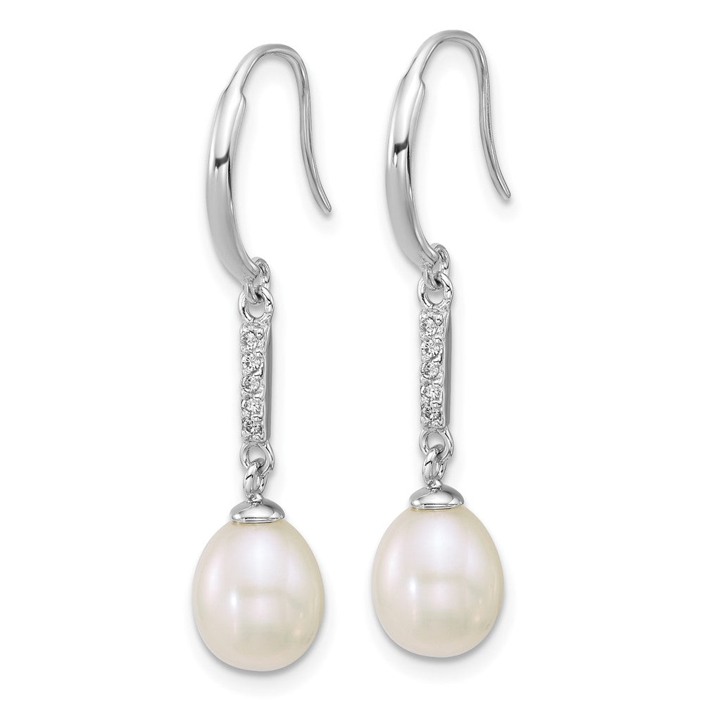 QE18182 Sterling Silver Rhodium-plated 6-8mm Teardrop White Freshwater Cultured Pearl and CZ Dangle Shepherd Hook Earrings