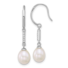 QE18182 Sterling Silver Rhodium-plated 6-8mm Teardrop White Freshwater Cultured Pearl and CZ Dangle Shepherd Hook Earrings