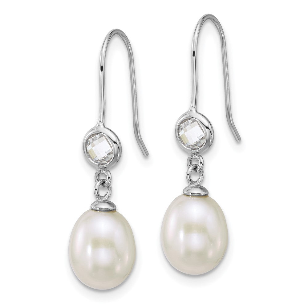 QE18183 Sterling Silver Rhodium-plated 6-7mm Rice White Freshwater Cultured Pearl and Glass Stone Dangle Shepherd Hook Earrings