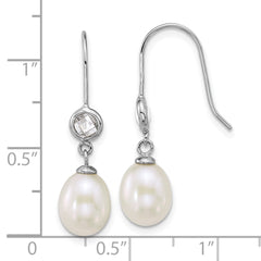 QE18183 Sterling Silver Rhodium-plated 6-7mm Rice White Freshwater Cultured Pearl and Glass Stone Dangle Shepherd Hook Earrings