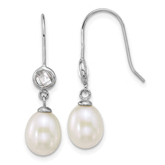 QE18183 Sterling Silver Rhodium-plated 6-7mm Rice White Freshwater Cultured Pearl and Glass Stone Dangle Shepherd Hook Earrings