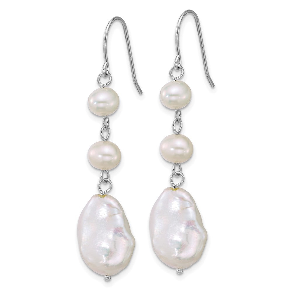 QE18185 Sterling Silver Rhodium-plated 6-7mm Round and 11-12mm Keshi White Freshwater Cultured Pearl Dangle Shepherd Hook Earrings