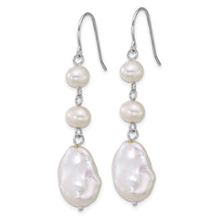 QE18185 Sterling Silver Rhodium-plated 6-7mm Round and 11-12mm Keshi White Freshwater Cultured Pearl Dangle Shepherd Hook Earrings