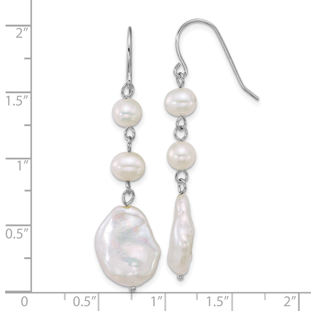 QE18185 Sterling Silver Rhodium-plated 6-7mm Round and 11-12mm Keshi White Freshwater Cultured Pearl Dangle Shepherd Hook Earrings