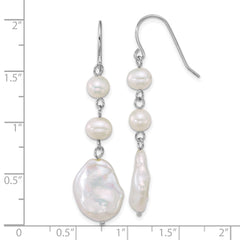 QE18185 Sterling Silver Rhodium-plated 6-7mm Round and 11-12mm Keshi White Freshwater Cultured Pearl Dangle Shepherd Hook Earrings