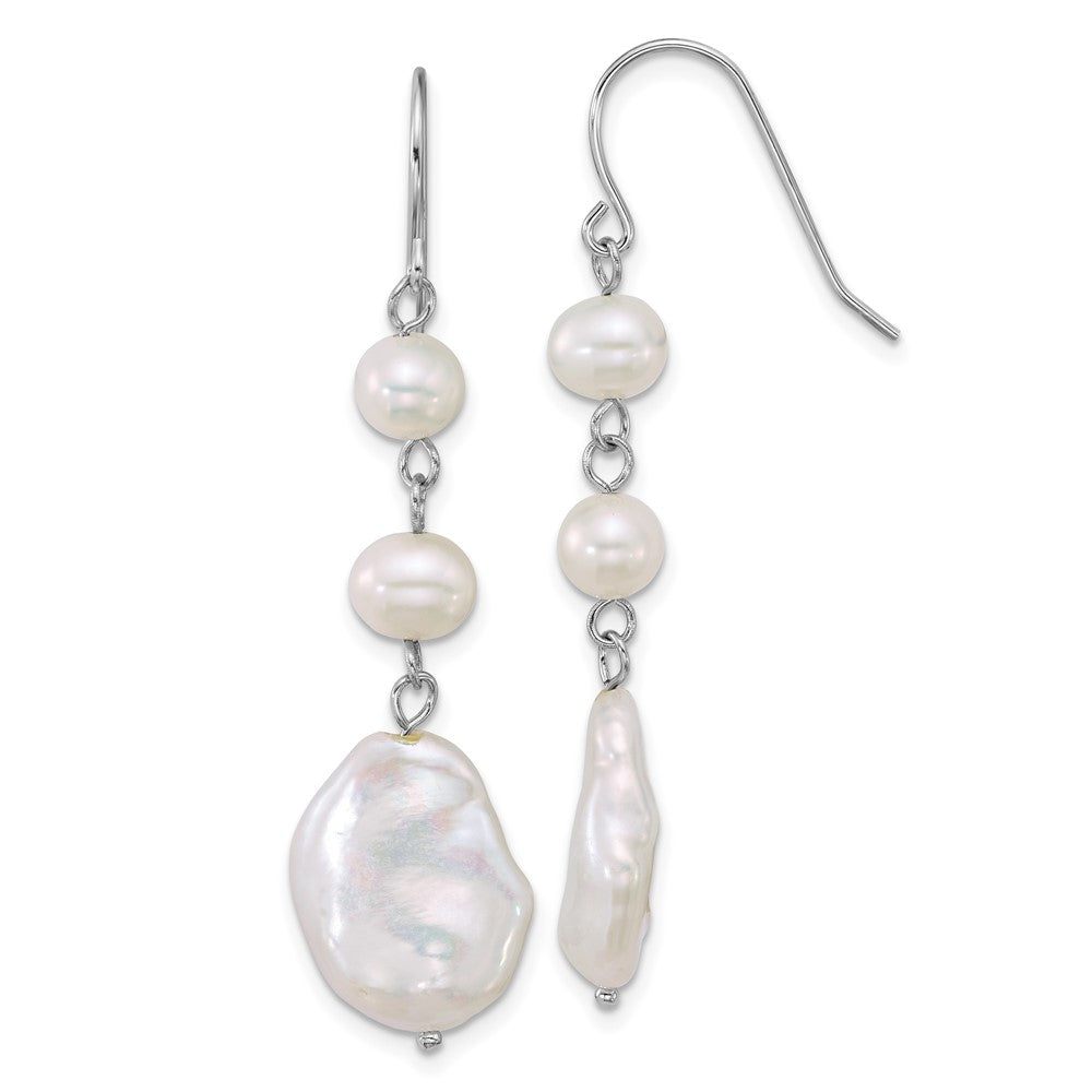 QE18185 Sterling Silver Rhodium-plated 6-7mm Round and 11-12mm Keshi White Freshwater Cultured Pearl Dangle Shepherd Hook Earrings