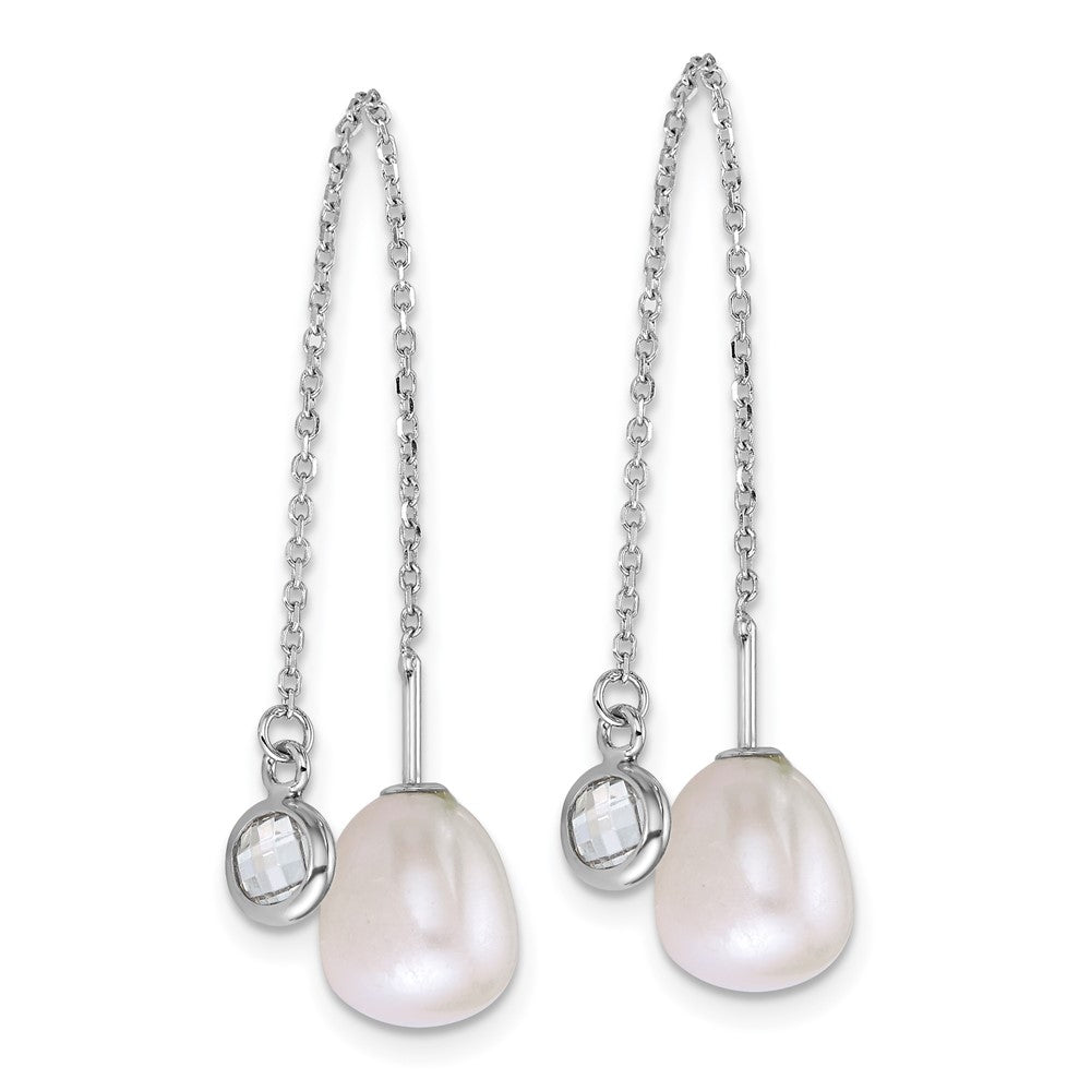 QE18187 Sterling Silver Rhodium-plated 6-8mm Teardrop White Freshwater Cultured Pearl and Glass Stone Threader Earrings