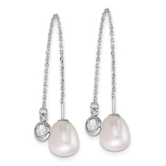 QE18187 Sterling Silver Rhodium-plated 6-8mm Teardrop White Freshwater Cultured Pearl and Glass Stone Threader Earrings