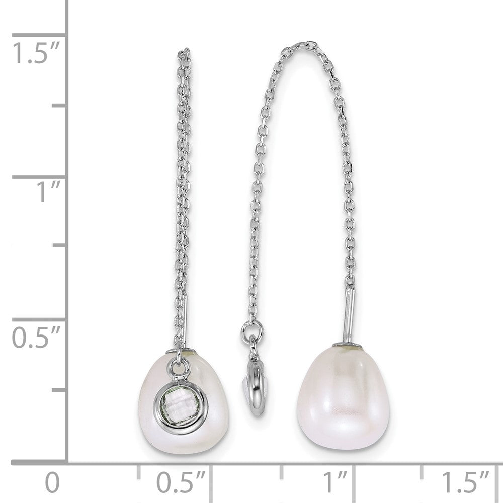 QE18187 Sterling Silver Rhodium-plated 6-8mm Teardrop White Freshwater Cultured Pearl and Glass Stone Threader Earrings