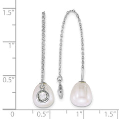 QE18187 Sterling Silver Rhodium-plated 6-8mm Teardrop White Freshwater Cultured Pearl and Glass Stone Threader Earrings