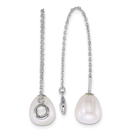 QE18187 Sterling Silver Rhodium-plated 6-8mm Teardrop White Freshwater Cultured Pearl and Glass Stone Threader Earrings