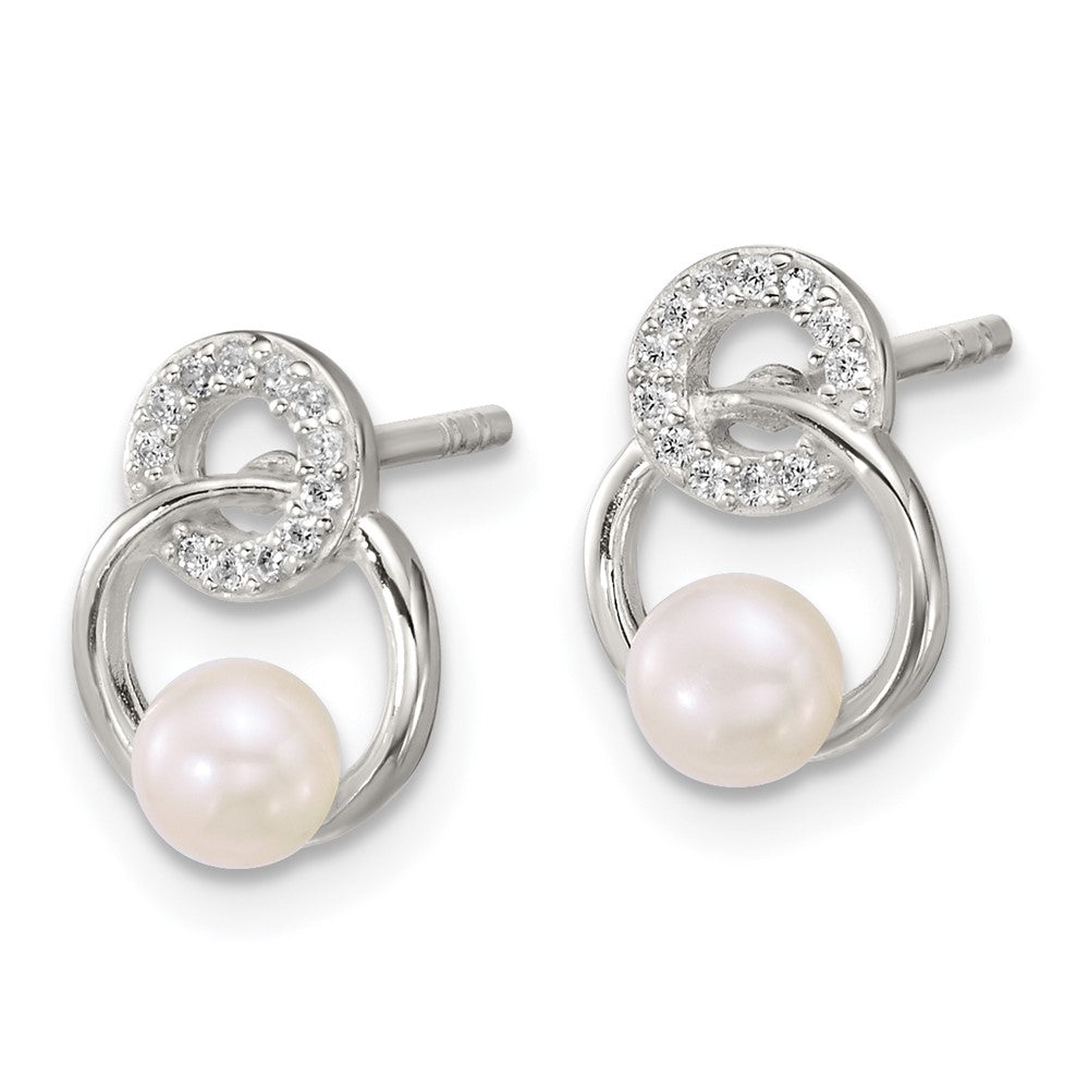 QE18189 Sterling Silver Polished CZ Circles with 4-5mm Imitation Button Pearl Post Earrings