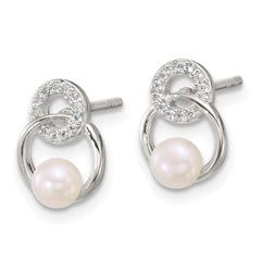 QE18189 Sterling Silver Polished CZ Circles with 4-5mm Imitation Button Pearl Post Earrings