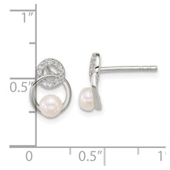 QE18189 Sterling Silver Polished CZ Circles with 4-5mm Imitation Button Pearl Post Earrings