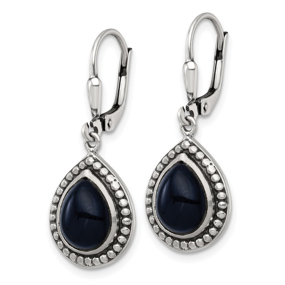 QE18191 Sterling Silver Antiqued Onyx Teardrop Cabochon Leverback Dangle Earrings