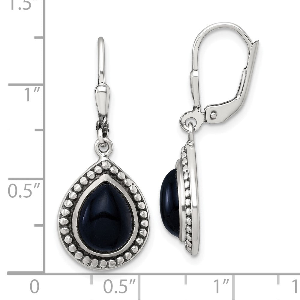 QE18191 Sterling Silver Antiqued Onyx Teardrop Cabochon Leverback Dangle Earrings