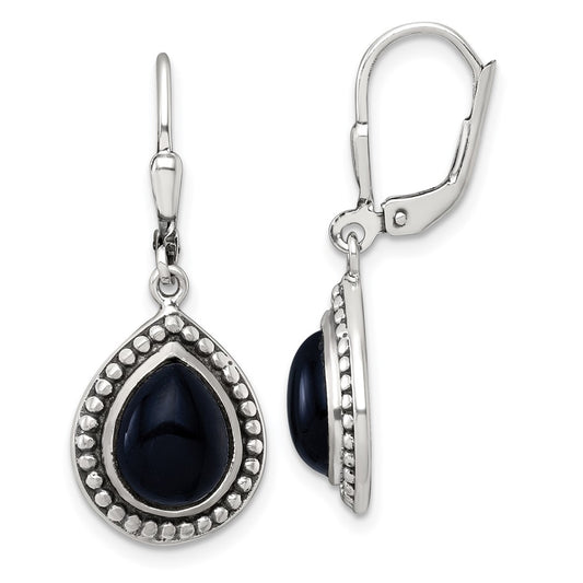 QE18191 Sterling Silver Antiqued Onyx Teardrop Cabochon Leverback Dangle Earrings