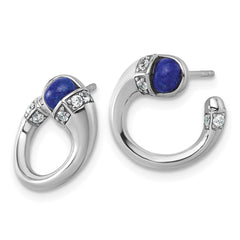 QE18192 Sterling Silver Rhodium-plated Polished CZ and Lapis Cabochon Cuff Post Earrings
