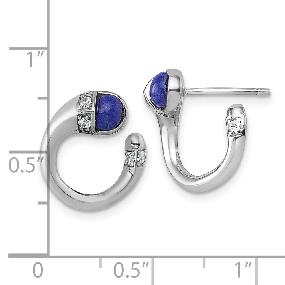 QE18192 Sterling Silver Rhodium-plated Polished CZ and Lapis Cabochon Cuff Post Earrings