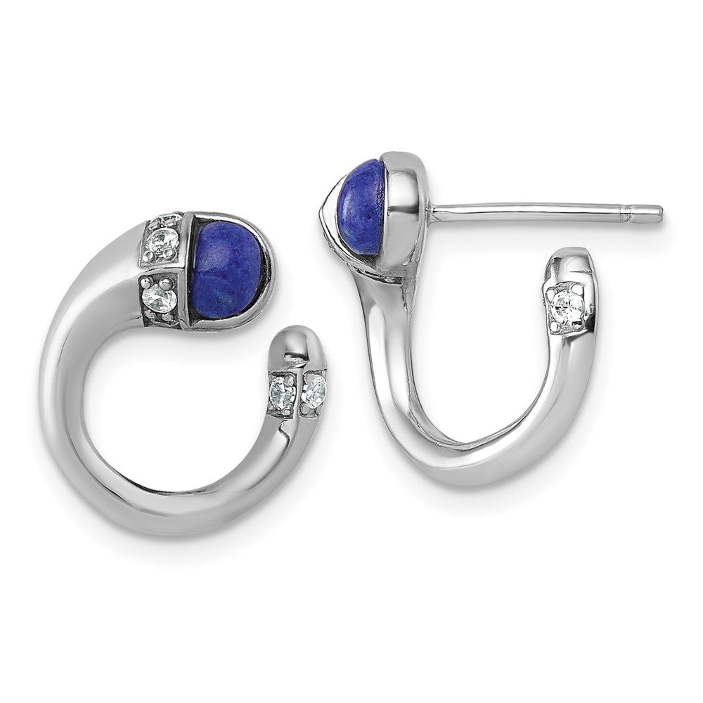 QE18192 Sterling Silver Rhodium-plated Polished CZ and Lapis Cabochon Cuff Post Earrings