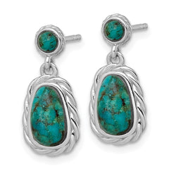 QE18193 Sterling Silver Rhodium-plated Polished Twisted Edge Compressed Turquoise Cabochon Dangle Post Earrings