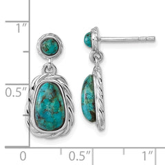 QE18193 Sterling Silver Rhodium-plated Polished Twisted Edge Compressed Turquoise Cabochon Dangle Post Earrings