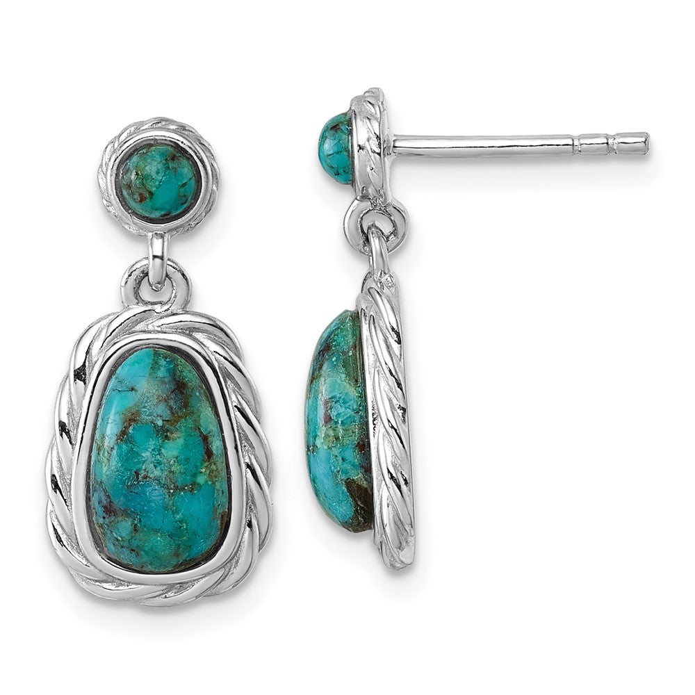 QE18193 Sterling Silver Rhodium-plated Polished Twisted Edge Compressed Turquoise Cabochon Dangle Post Earrings