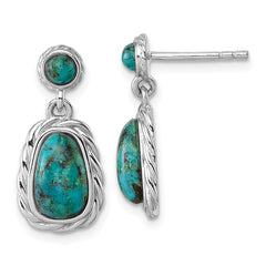QE18193 Sterling Silver Rhodium-plated Polished Twisted Edge Compressed Turquoise Cabochon Dangle Post Earrings