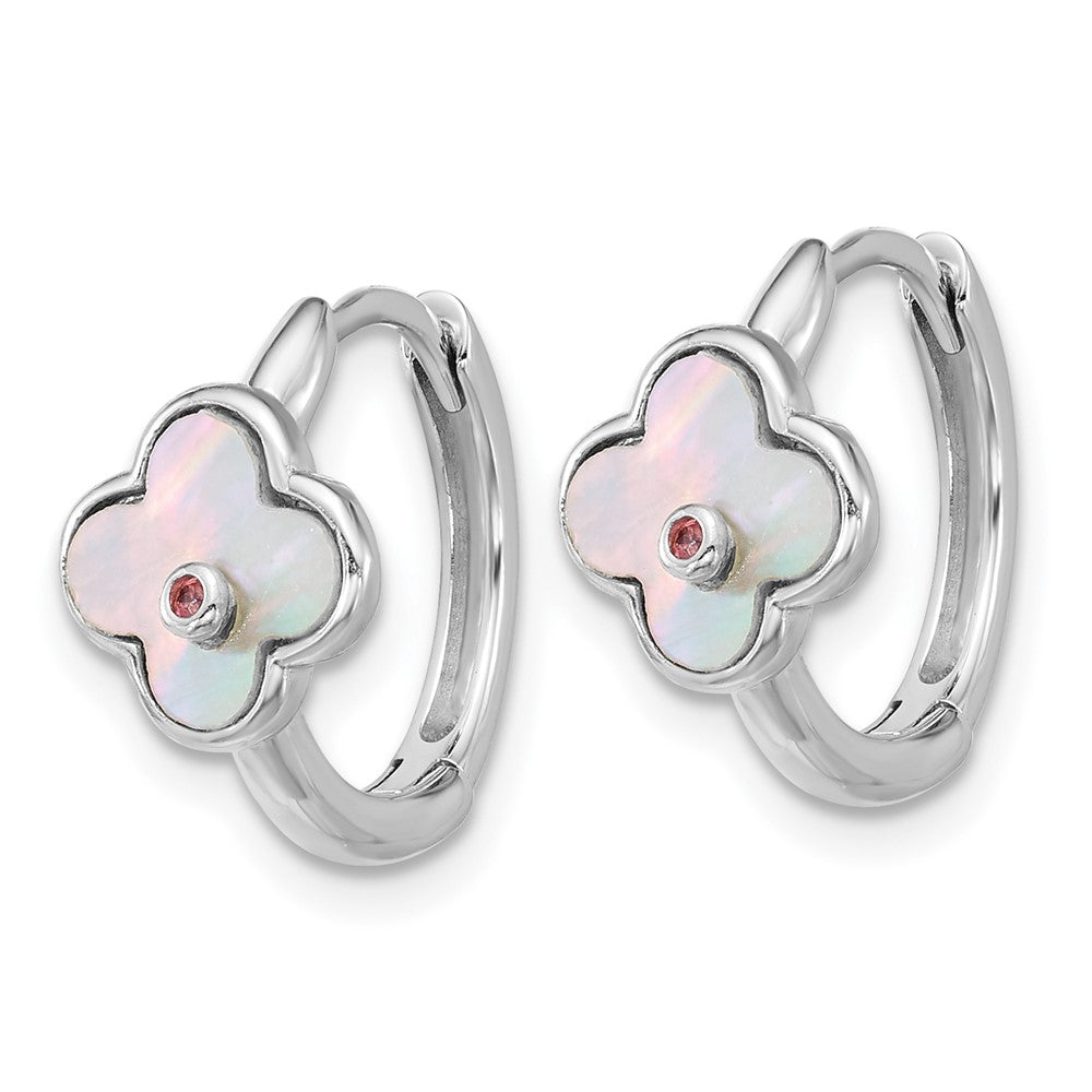QE18195 Sterling Silver Rhodium-plated Mother of Pearl and Pink CZ Flower Hinged Hoop Earrings