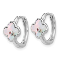 QE18195 Sterling Silver Rhodium-plated Mother of Pearl and Pink CZ Flower Hinged Hoop Earrings