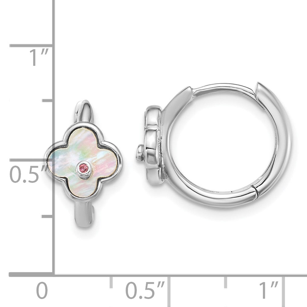 QE18195 Sterling Silver Rhodium-plated Mother of Pearl and Pink CZ Flower Hinged Hoop Earrings