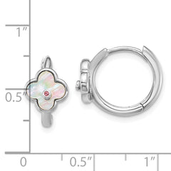 QE18195 Sterling Silver Rhodium-plated Mother of Pearl and Pink CZ Flower Hinged Hoop Earrings