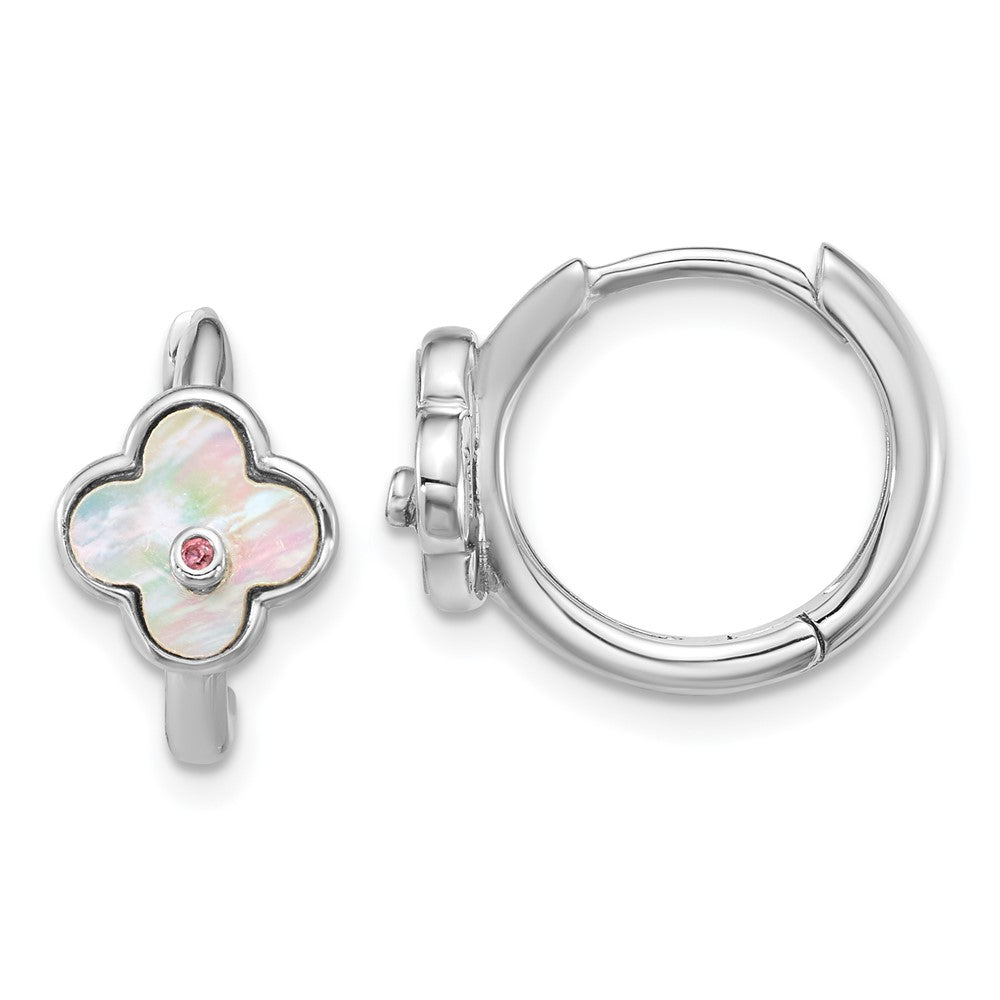 QE18195 Sterling Silver Rhodium-plated Mother of Pearl and Pink CZ Flower Hinged Hoop Earrings