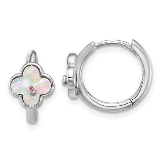 QE18195 Sterling Silver Rhodium-plated Mother of Pearl and Pink CZ Flower Hinged Hoop Earrings