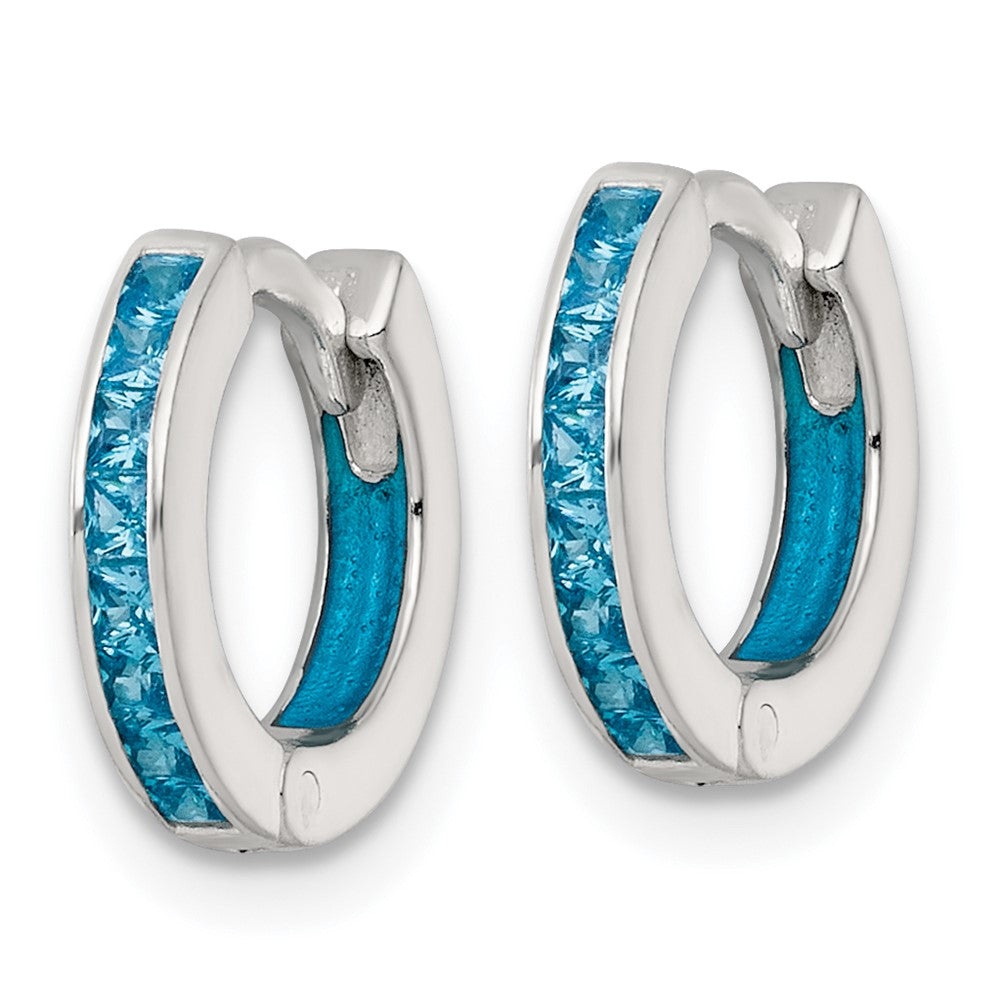 QE18196 Sterling Silver Polished Blue CZ and Blue Enamel In and Out 13mm Hinged Round Hoop Earrings